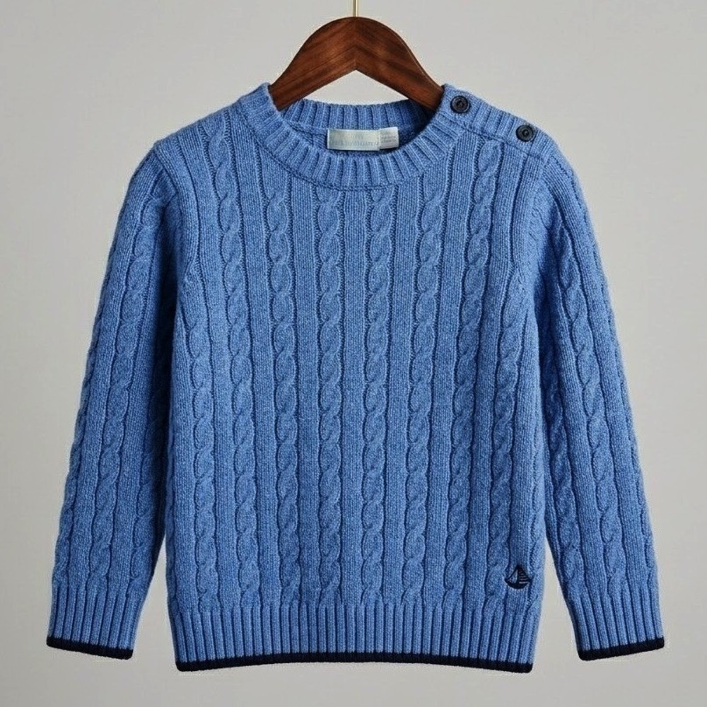 JoJo Maman Bebe Lambswool Cable Knit Sailboat Sweater Blue Kids 5-6 Years